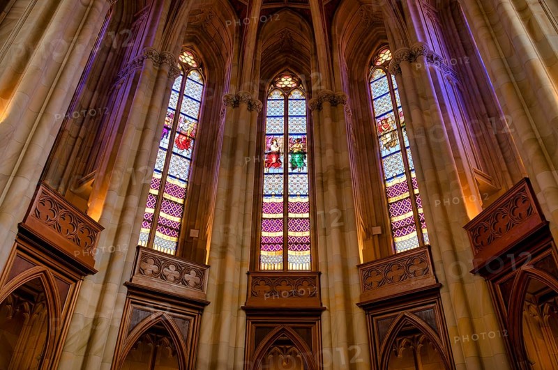 Interior view, stained glass window, choir, Friedrichswerder Church, architect Karl Friedrich Schinkel, Berlin, Germany, Europe