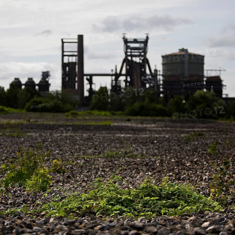 The dreary Hympendahl slag heap with the listed Phoenix-West blast furnace works, Hoerde, Dortmund, Ruhr area, North Rhine-Westphalia, Germany, Europe