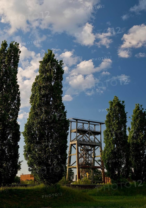 Gneisenau district park with the double trestle structure of the disused colliery, Derne, Dortmund, Ruhr area, North Rhine-Westphalia, Germany, Europe