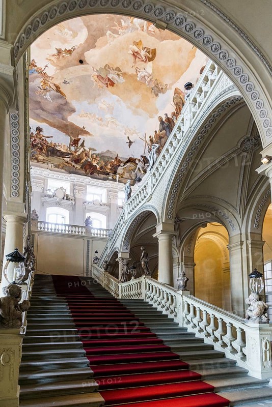 Staircase, fresco, ceiling painting by Tiepolo, Wuerzburg Residence, UNESCO World Heritage Site, Wuerzburg, Lower Franconia, Franconia, Bavaria, Germany, Europe
