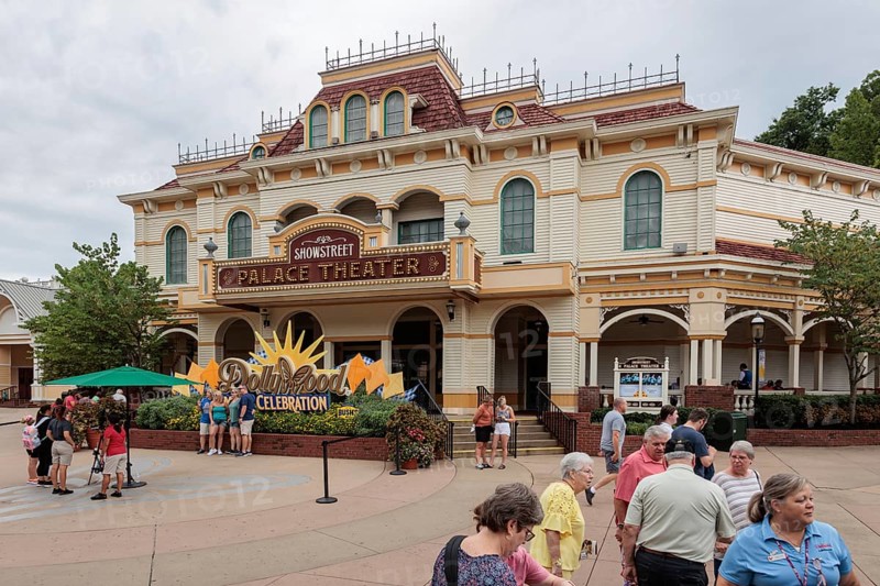 Groups of guests get photos taken in front of the Showstreet Palace Theater at the Dollywood amusement park in Pigeon Forge, TN, United States of America, USA, North America