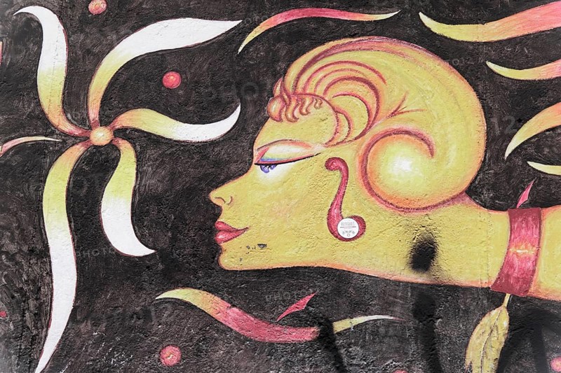 Fulvio Pinna, Wall painting, Mural, East Side Gallery, Graffiti on the Berlin Wall in the East Side Gallery, Berlin, Germany, Europe, Artistic depiction of a woman's profile in yellow tones on a black background, surrounded by curved decorative elements, Warschauer Strasse, Europe