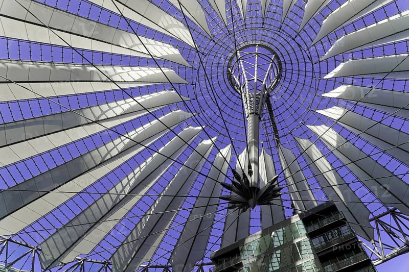 Dome, Sony Centre, Mitte, Berlin, Germany, Europe, Modern metal roof construction against a purple background with geometric shapes, Europe