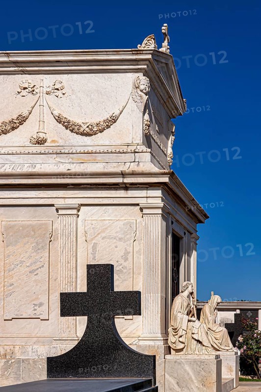 Large cemetery with tombs and religious symbols in Chiclana, Andalusia, Spain, Europe