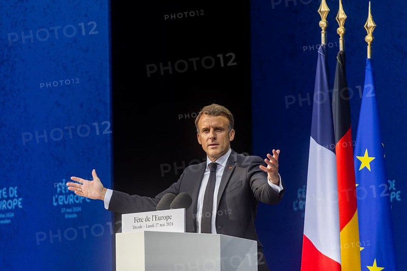 French President Emmanuel Macron visits the Federal Republic of Germany at the invitation of Federal President Frank-Walter Steinmeier and stops off in Dresden. Here he attends the Fete de l'Europe and delivers his speech on Europe, Dresden, Saxony, Germany, Europe