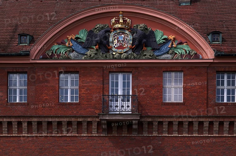 Coat of arms with two eagles and crown above gatehouse, main gate, Spandau Citadel, Spandau district, Berlin, Germany, Europe