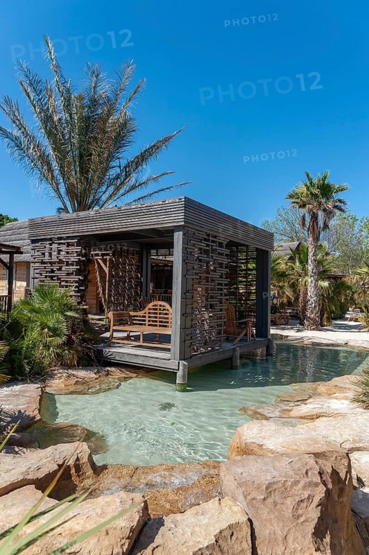 Modern wooden architecture in the holiday home development on the Plage de Port Grimaud beach, Port Grimaud, Var, Provence-Alpes-Cote d Azur, France, Europe