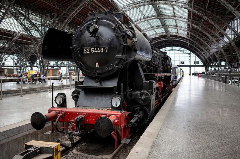 Steam locomotive class 52 of the Deutsche Reichsbahn DR with tub tender, Witte wind deflectors, museum track 24 with historical trains, monument, museum, railway museum, main station, terminus station, Leipzig, Saxony, Germany, Europe