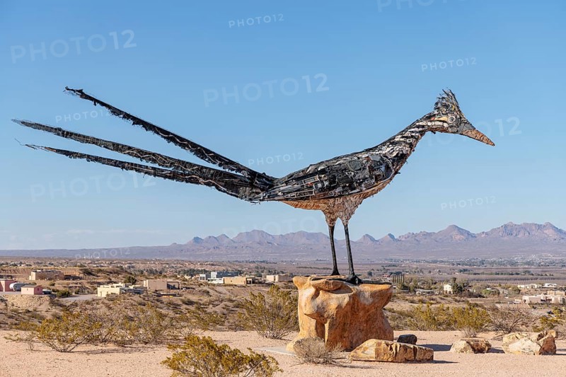 Giant Recycled Roadrunner statue made entirely from discarded materials by artist Olin Calk at an I-10 rest area on the west side of Las Cruces, New Mexico, United States of America, USA, North America