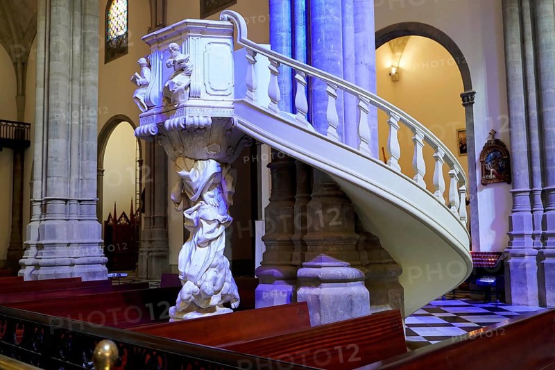 Church Iglesia de Nuestra Senora de la Concepcion, San Cristobal de La Laguna, Tenerife, Canary Islands, Spain, Europe, Decorative, ornately carved marble staircase in a church setting, Europe