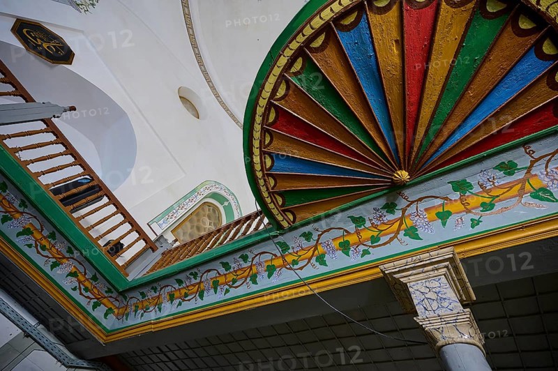 Retzep Pasha Mosque, Colourfully decorated ceiling and balcony in the interior of a mosque with artistic elements, Rhodes Old Town, Rhodes Town, Rhodes, Dodecanese, Greek Islands, Greece, Europe