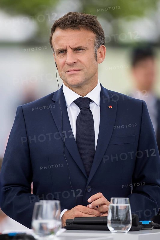 Emmanuel Macron (President of the French Republic) at the stage talk in the dialogue forum at Demokratie feiern. / The Basic Law turns 75, together it will be a celebration, Berlin, 26 May 2024