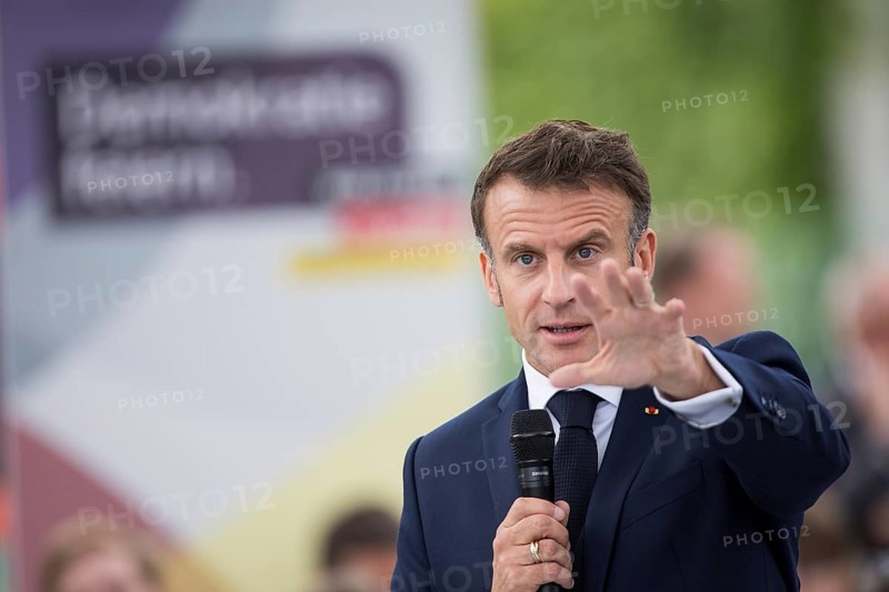 Emmanuel Macron (President of the French Republic) at the stage talk in the dialogue forum at Demokratie feiern. / The Basic Law turns 75, together it will be a celebration, Berlin, 26 May 2024