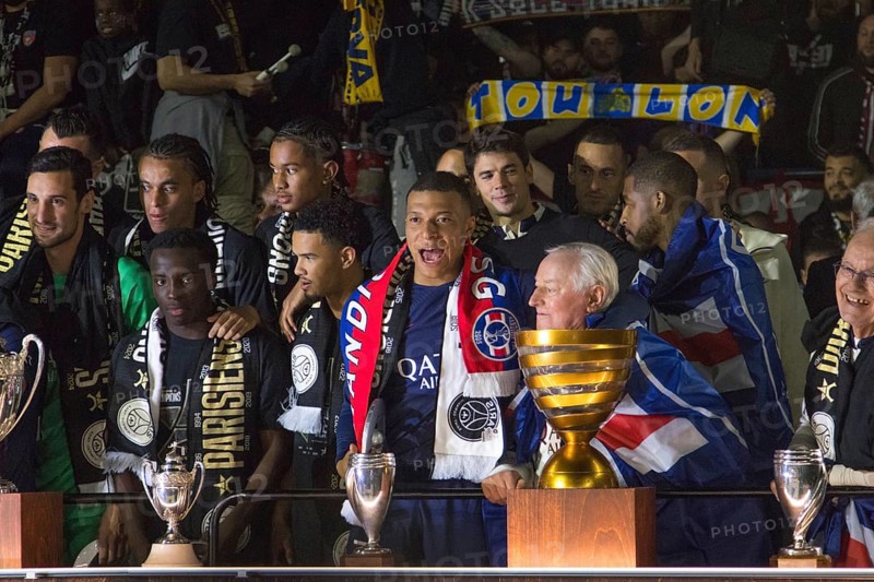 Football match, captain Kylian MBAPPE' Paris St Germain, celebrating the French championship in the fan curve and saying goodbye to the Paris fans in his last match in Paris, Parc des Princes football stadium, Paris, France, Europe