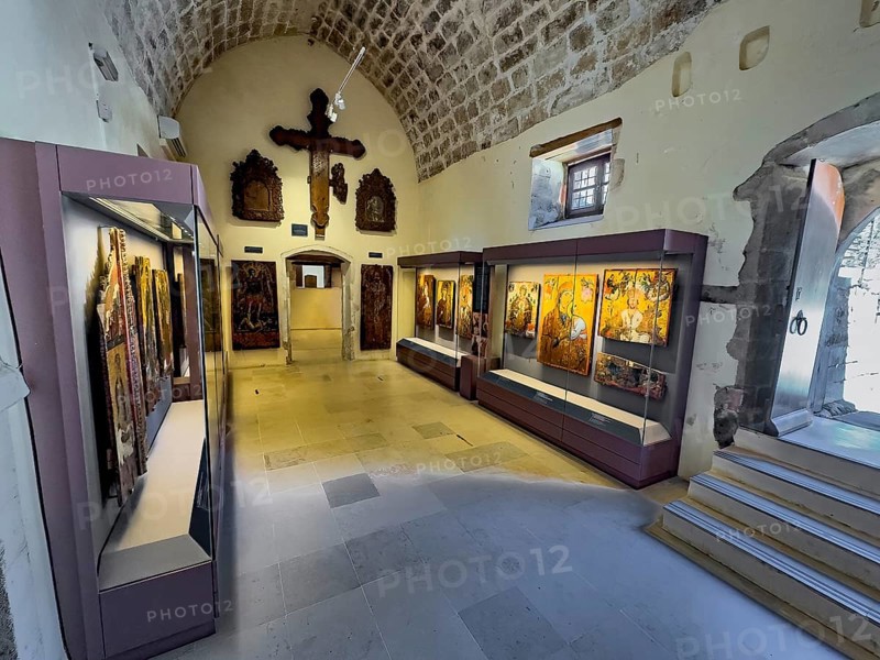 Entrance area with showcases historical icons in museum Monastery museum in UNESCO World Heritage Site orthodox monastery Moni Arkadi Arkadi monastery from the early Middle Ages, important national monument national shrine on the island of Crete, Arkadi, Armnatos, Crete, Greece, Europe