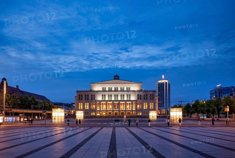 Opera, Winter Garden Tower, Augustusplatz, evening mood, blue hour, Leipzig, Saxony, Germany, Europe