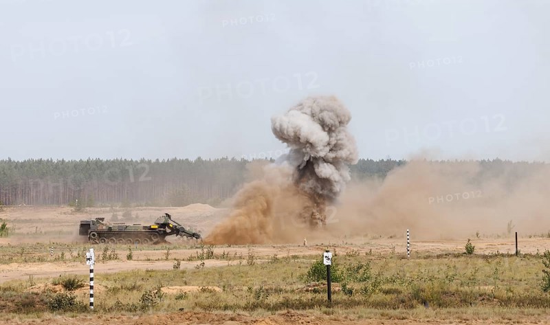 A Keiler armoured mine sweeper triggers an explosion, taken during the NATO large-scale manoeuvre Steadfast Defender and the German part of the exercise, Quadriga 2024, in Pabrade, 29.05.2024