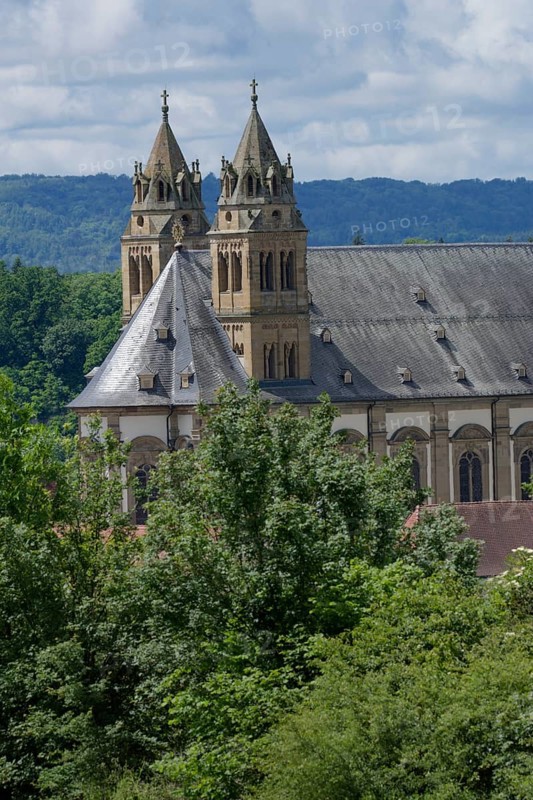 St Nicholas on the Comburg, monastery, Benedictine monastery, church tower, Way of St James, Schwaebisch Hall, Schwaebisch-Franconian Forest nature park Park, Schwaebisch Hall, Baden-Wuerttemberg, Germany, Europe