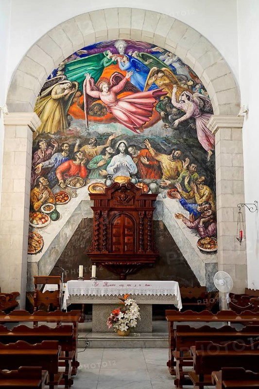 Basilica de Nuestra Senora, Candelaria, Tenerife, Canary Islands, Spain, Europe, Small chapel with ornate murals depicting saints at a meal and an ornate altar table, Europe