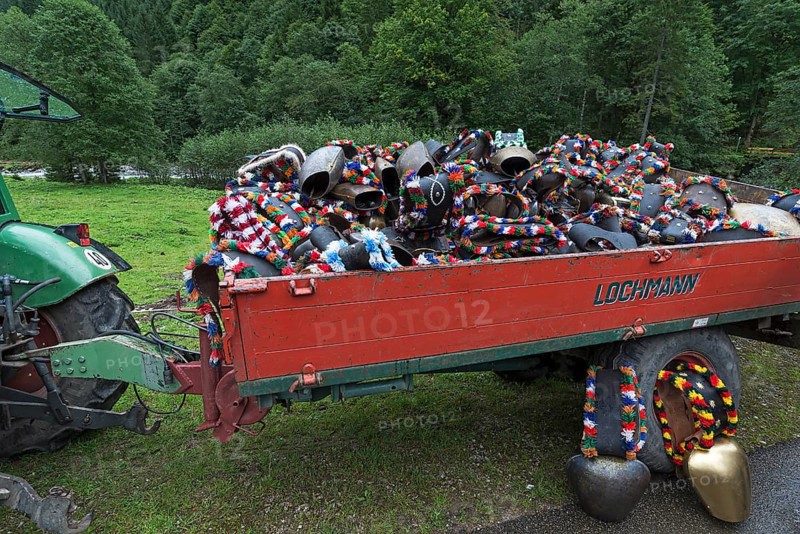 Jewellery cowbells for the cattle drive on a hanger, gabled house, Bad Hindelang, Allgaeu, Bavaria, Germany, Europe