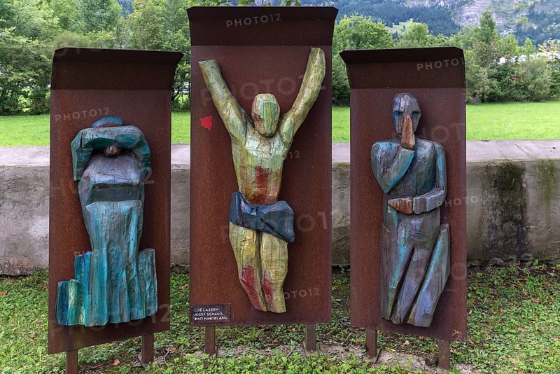 Modern wood carving of the crucifixion scene, Bad Hindelang, Allgaeu, Bavaria, Germany, Europe