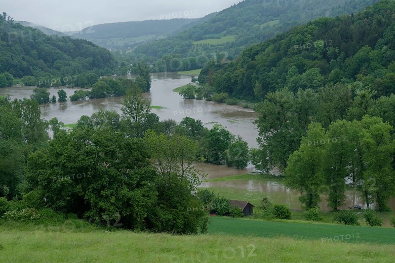 Flood on the Kocher in late spring 2024 near Braunsbach, flood event, climate change, lake landscape, artificial lake, flood, water masses, Kocher valley, Schwaebisch Hall, Hohenlohe, Heilbronn-Franken, Baden-Wuerttemberg, Germany, Europe