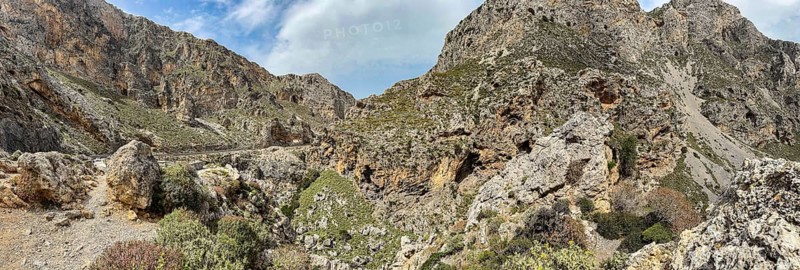 Panoramic photo Panorama of view into gorge of Kourtaliotiko Kourtalioti Kourtaliotiko gorge Kourtialoti gorge, Crete, Greece, Europe