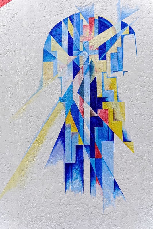 Abstract mural with geometric shapes and bright colours that radiate a modern art aesthetic, mural, East Side Gallery, Mauergalerie, Berlin, Germany, Europe