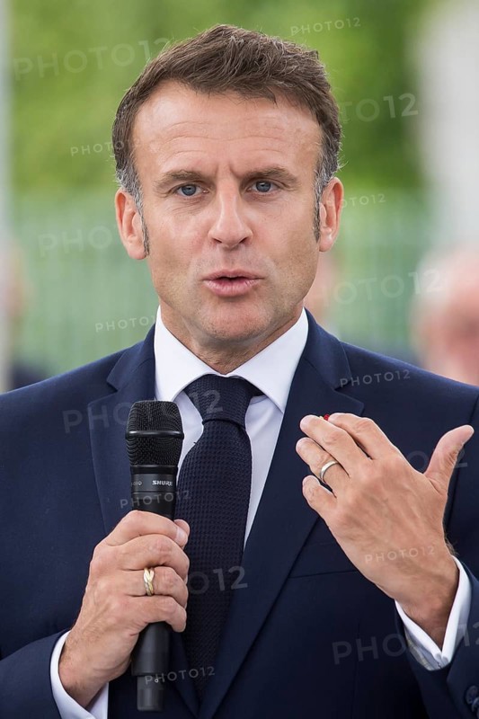 Emmanuel Macron (President of the French Republic) at the stage talk in the dialogue forum at Demokratie feiern. / The Basic Law turns 75, together it will be a celebration, Berlin, 26 May 2024