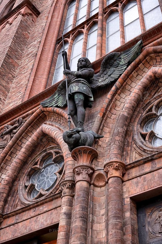 Main portal, bronze figure of St Michael the Archangel, Friedrichswerder Church, architect Karl Friedrich Schinkel, Berlin, Germany, Europe