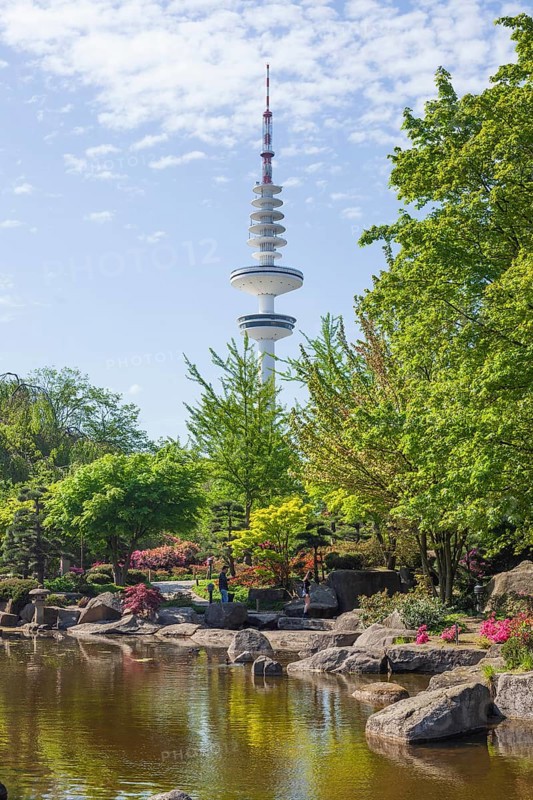 Japanese garden in the Planten un Blomen park with Hamburg television tower and park pond in spring, Hamburg, Germany, Europe