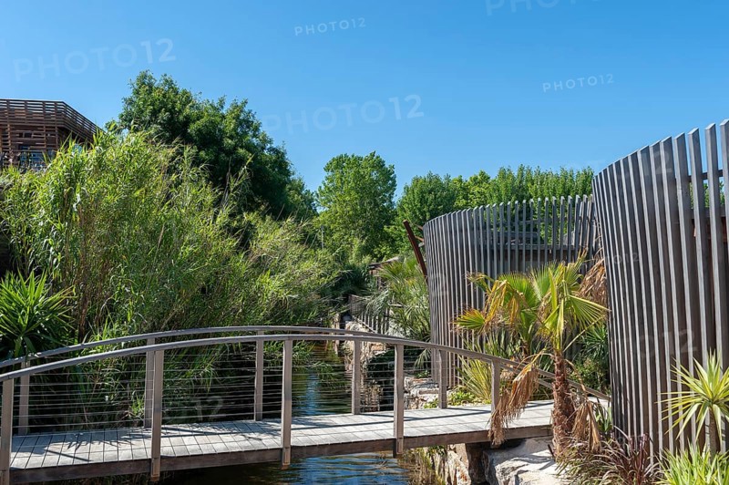 Modern wooden architecture in the holiday home development on the Plage de Port Grimaud beach, Port Grimaud, Var, Provence-Alpes-Cote d Azur, France, Europe