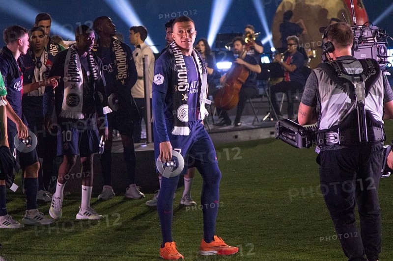 Football match, captain Kylian Mbappe' Paris St. Germain proudly after the award ceremony with his personal miniature championship trophy, Parc des Princes football stadium, Paris, France, Europe