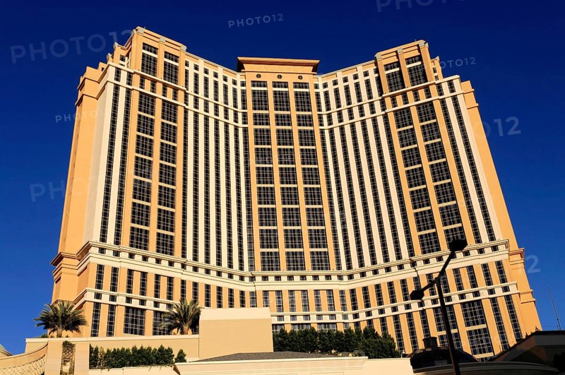 Las Vegas, Nevada, USA, North America, Large modern hotel building with many windows and impressive architecture under a clear sky, Las Vegas Strip, North America