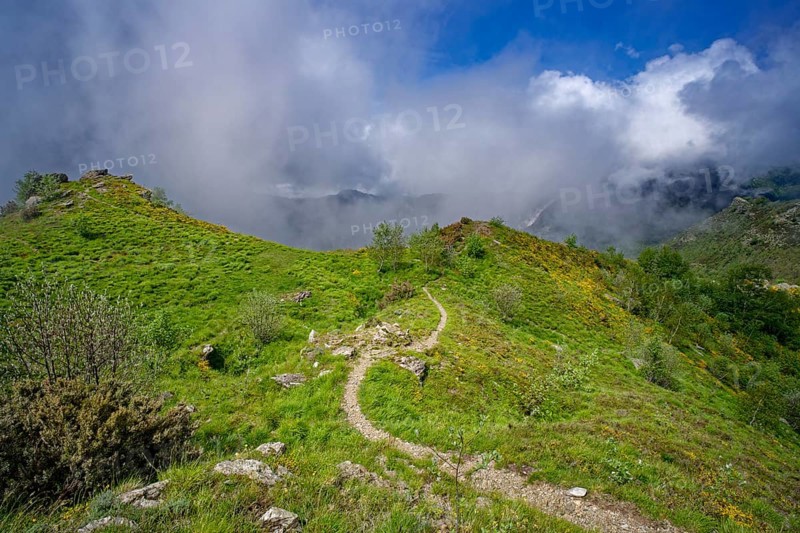 Hiking trail at Passo Croce in the Garfagnana mountain landscape to the cloudy peaks of the Apuan Alps, Levigliane, Castelnuovo, Tuscany, Italy, Southern Europe, Europe