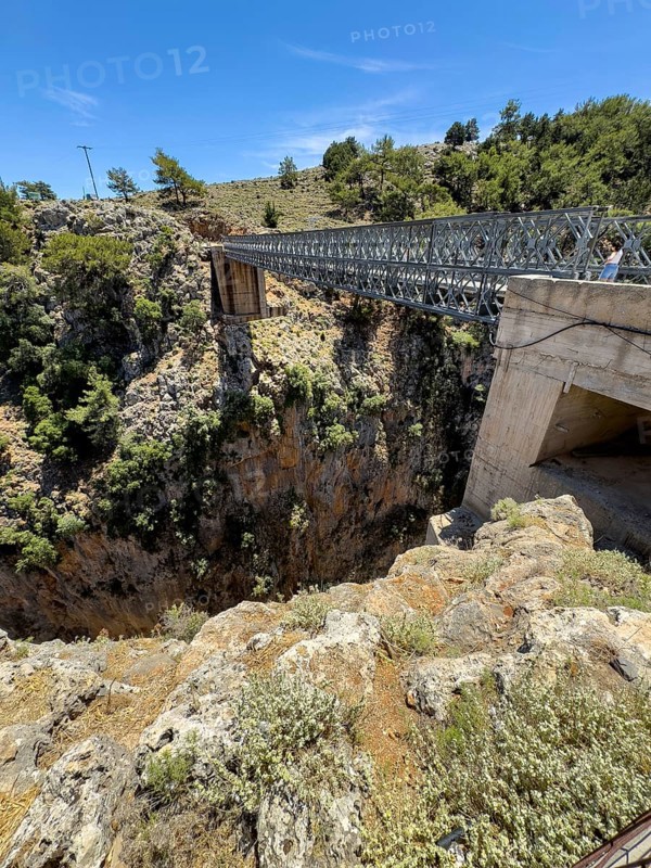 View from car park above Aradena gorge to steel girder bridge over gorge part of road from Anopolis to Aradena, Aradena, Crete, Greece, Europe