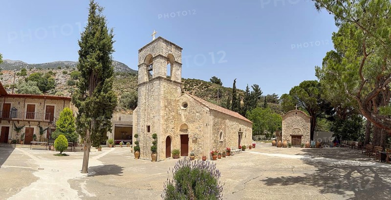 Panoramic photo panoramic view of monastery courtyard courtyard with historic two-aisled church monastery church of Eastern Orthodox monastery of Ayios Antonios Vrontisi Vrondisi Vrontissiou monastery from early Middle Ages dedicated to Saint St. Anthony, Zaros, Crete, Greece, Europe