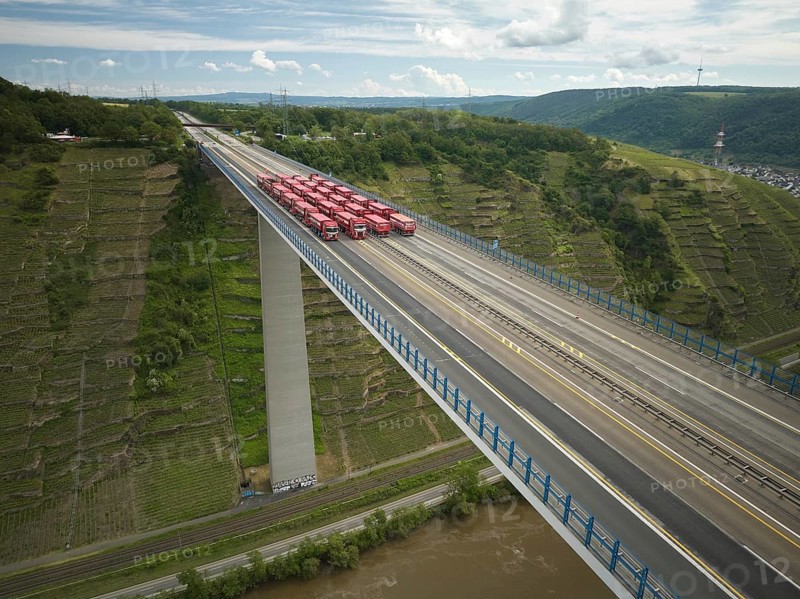 Trucks with a total weight of 960 tonnes stand on the Moselle valley bridge in Winningen during a load test, which is why the A61 bridge is fully closed from the morning until late afternoon. The dilapidated bridge is to be renovated over the next few years.Winningen, Rhineland-Palatinate, Germany, Europe