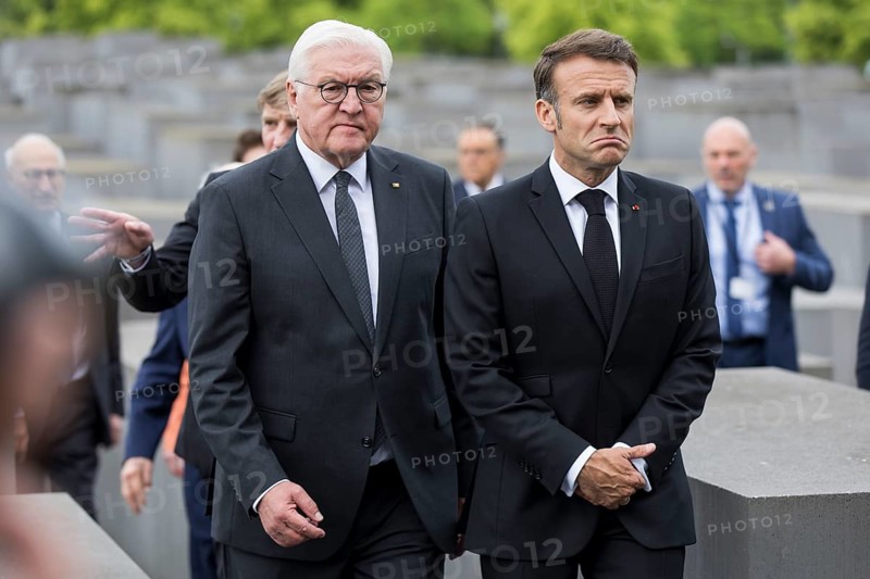 Frank-Walter Steinmeier (President of the Federal Republic of Germany) and Emmanuel Macron (President of the French Republic) on a joint tour of the Memorial to the Murdered Jews of Europe, Berlin, 27 May 2024
