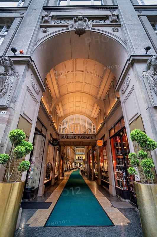Entrance to Maedlerpassage, shopping arcade, shopping centre, shopping mall, shopping arcade, Leipzig, Saxony, Germany, Europe