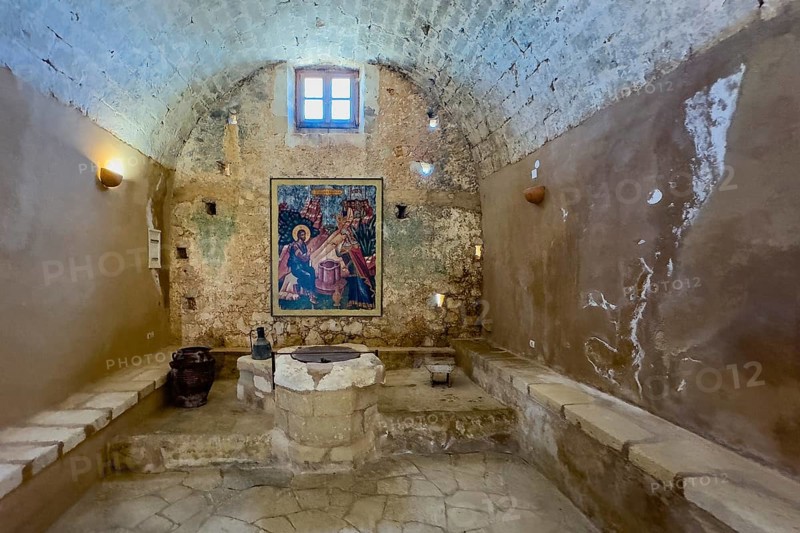 Old fountain in monastery Monastery fountain in UNESCO World Heritage Site historic orthodox monastery Moni Arkadi Arkadi monastery from the early Middle Ages, important national monument national shrine on the island of Crete, Arkadi, Armnatos, Crete, Greece, Europe