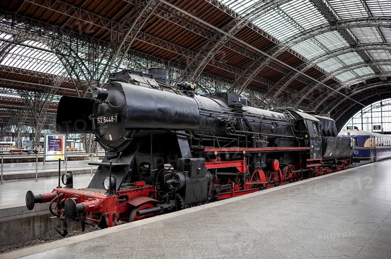 Steam locomotive class 52 of the Deutsche Reichsbahn DR with tub tender, Witte wind deflectors, museum track 24 with historical trains, monument, museum, railway museum, main station, terminus station, Leipzig, Saxony, Germany, Europe