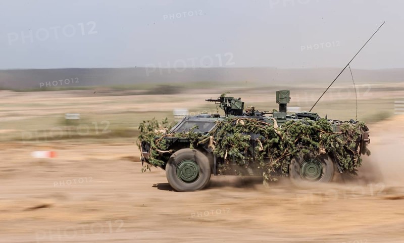 Dutch soldiers on a camouflaged Fennen trailer, during the NATO Steadfast Defender large-scale manoeuvre in Pabrade, 29.05.2024