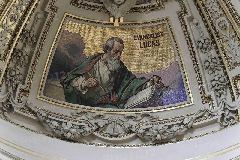 Interior view of Berlin Cathedral, Berlin, Germany, Europe, ceiling mosaic of Lucas the Evangelist, surrounded by golden decorations in a religious scene, Europe