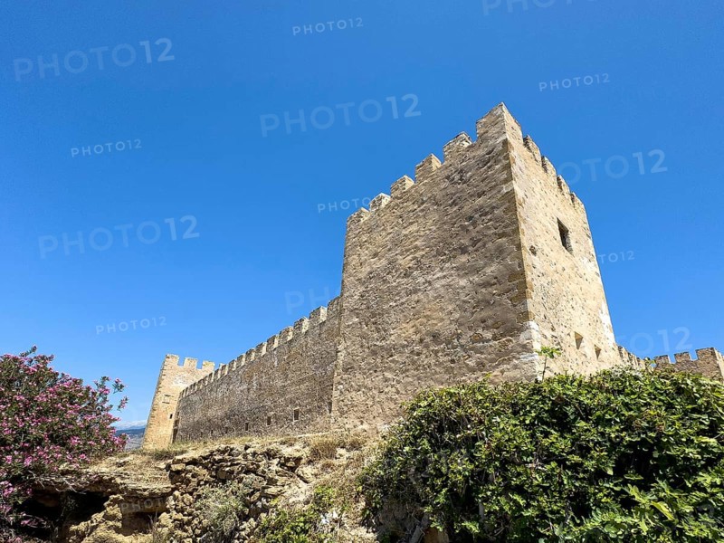 Exterior view with two corner towers walls battlements of Fort Fortezza Fortetza Frangokastello built by Republic of Venice in 14th century Venetian fort, Frangokastello, Sfakia, Crete, Greece, Europe