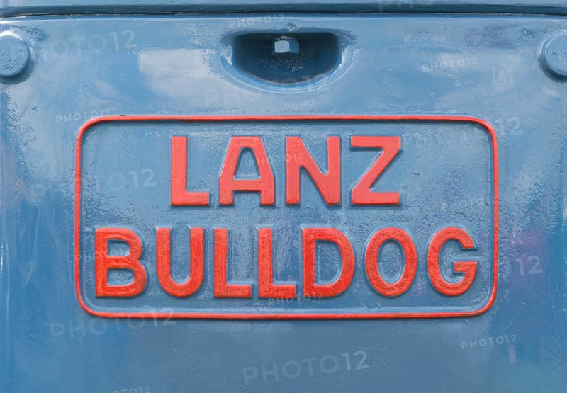Lanz Buldog lettering, red on blue painted tractor bonnet, Offenbach, Dreieich, Hesse, Germany, Europe