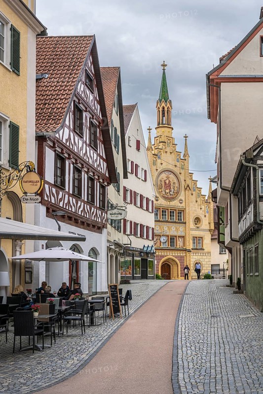 Pedestrian zone with half-timbered buildings and the Heilig-Geist-Spital in the historic old town of Bad forest lake, Upper Swabia, Swabia, Baden-Wuerttemberg, Germany, Europe