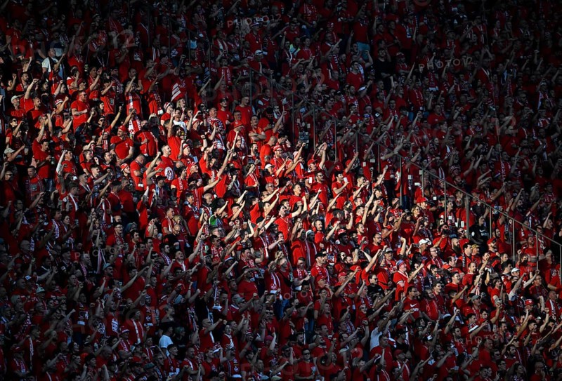 Fan curve, fan block, many fans in red, atmospheric, light and shadow, 1. FC Kaiserslautern, 81st DFB Cup Final 2024, Olympiastadion Berlin, Germany, Europe