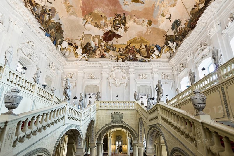 Staircase, fresco, ceiling painting by Tiepolo, Wuerzburg Residence, UNESCO World Heritage Site, Wuerzburg, Lower Franconia, Franconia, Bavaria, Germany, Europe