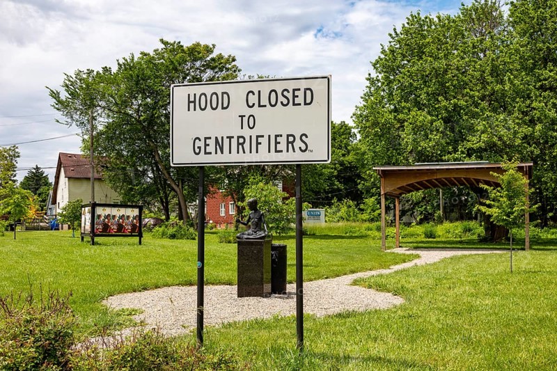 Detroit, Michigan, An anti-gentrification sign posted in the East Canfield Art Park in the East Canfield community. Neighborhoods to the west have experienced sharply rising prices, making it more difficult for low-income residents to stay in their homes